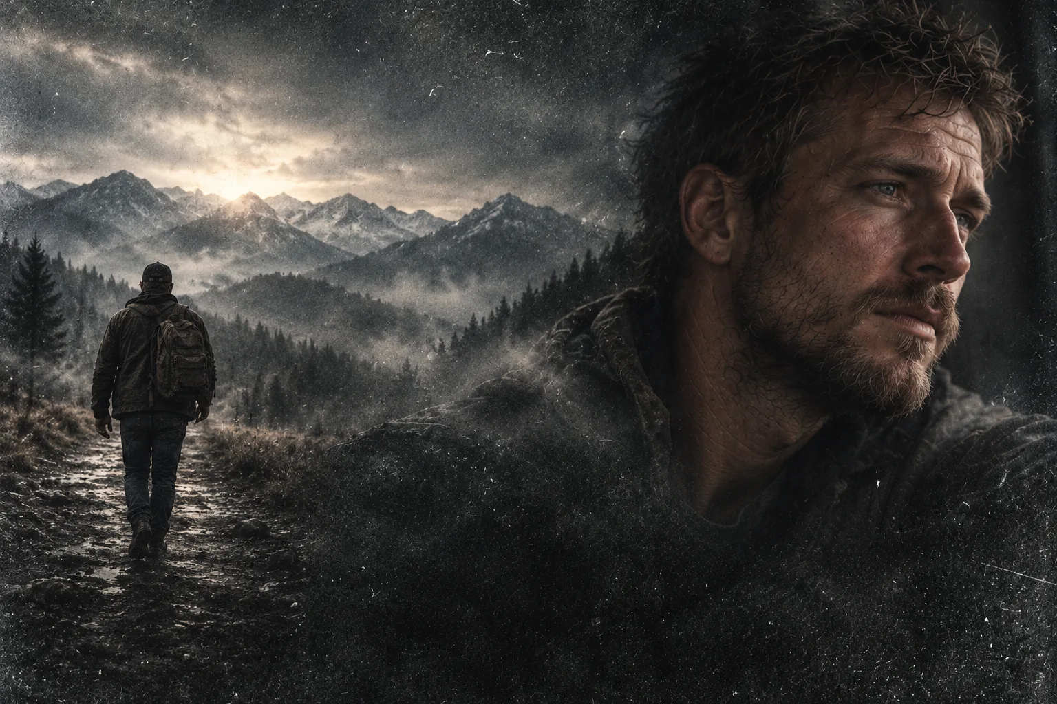 Grunge portrait of the Still Called artist blended with him walking toward misty mountains